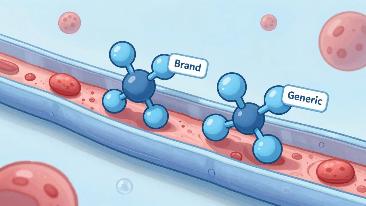 Illustration of identical drug molecules traveling in a bloodstream.