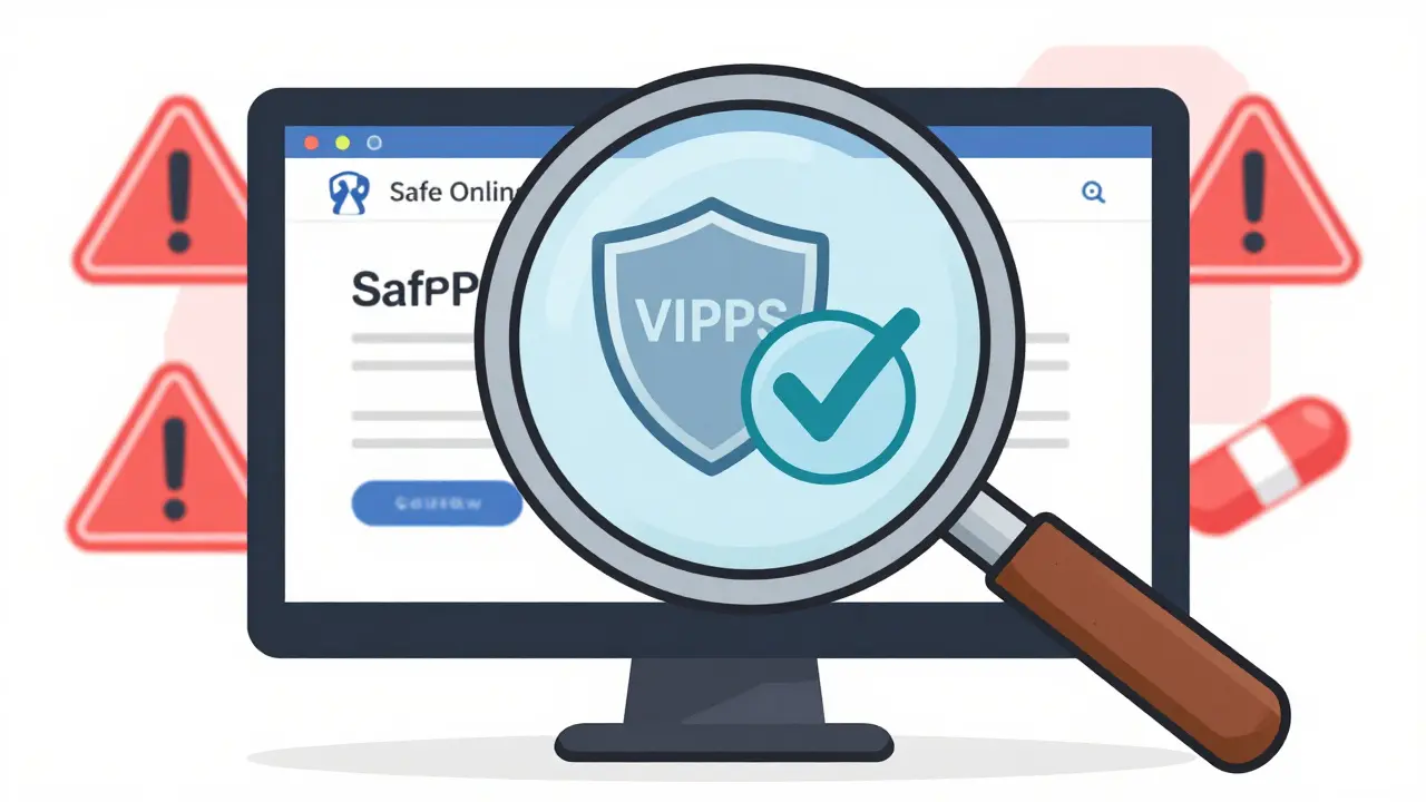 Magnifying glass checking safety seals on online pharmacy website