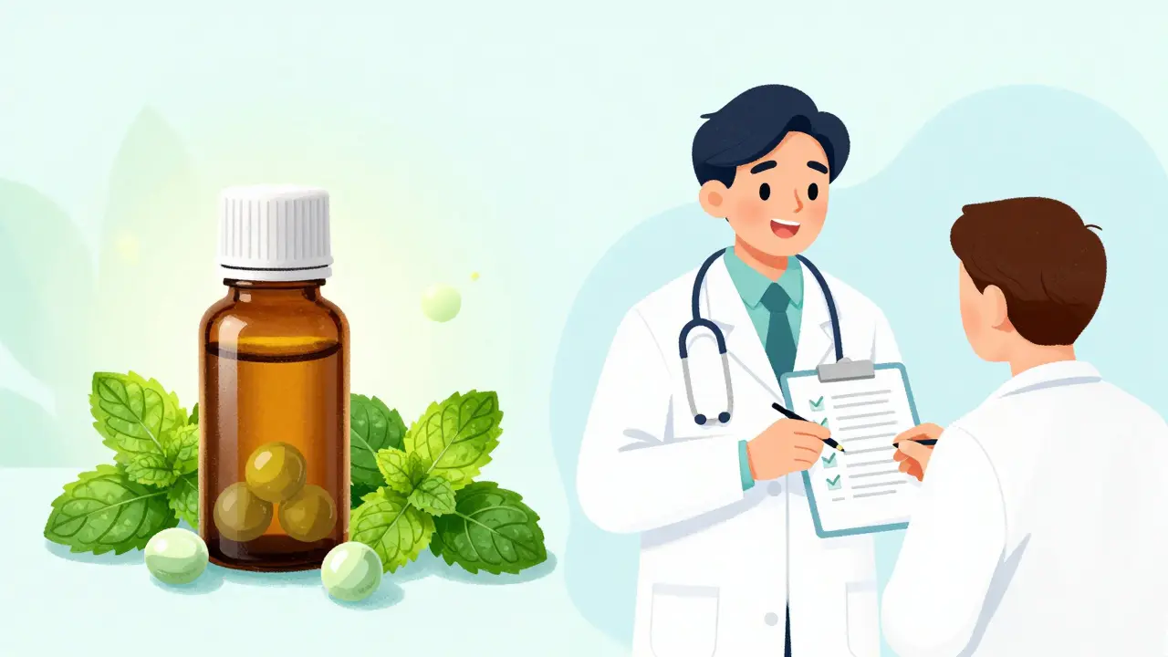 Peppermint oil and doctor reviewing meds for safer alternatives