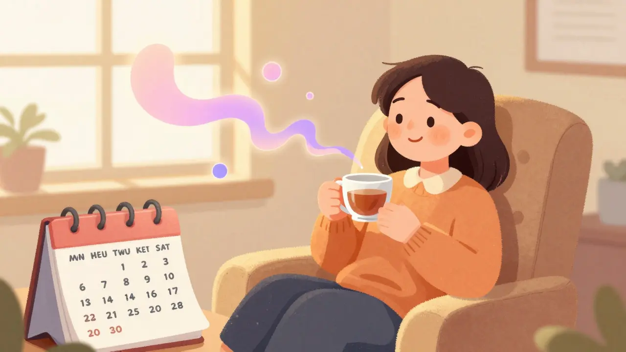 Person relaxing with serotonin particles, symbolizing mood improvement