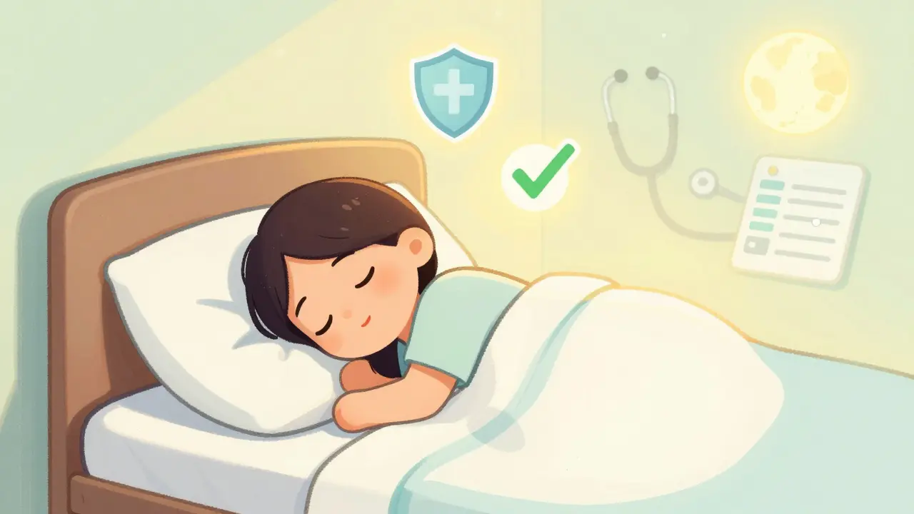 Person sleeping peacefully with safety symbols