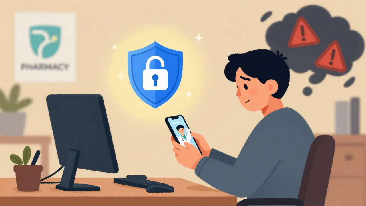 Person using telehealth app for safe prescription consultation