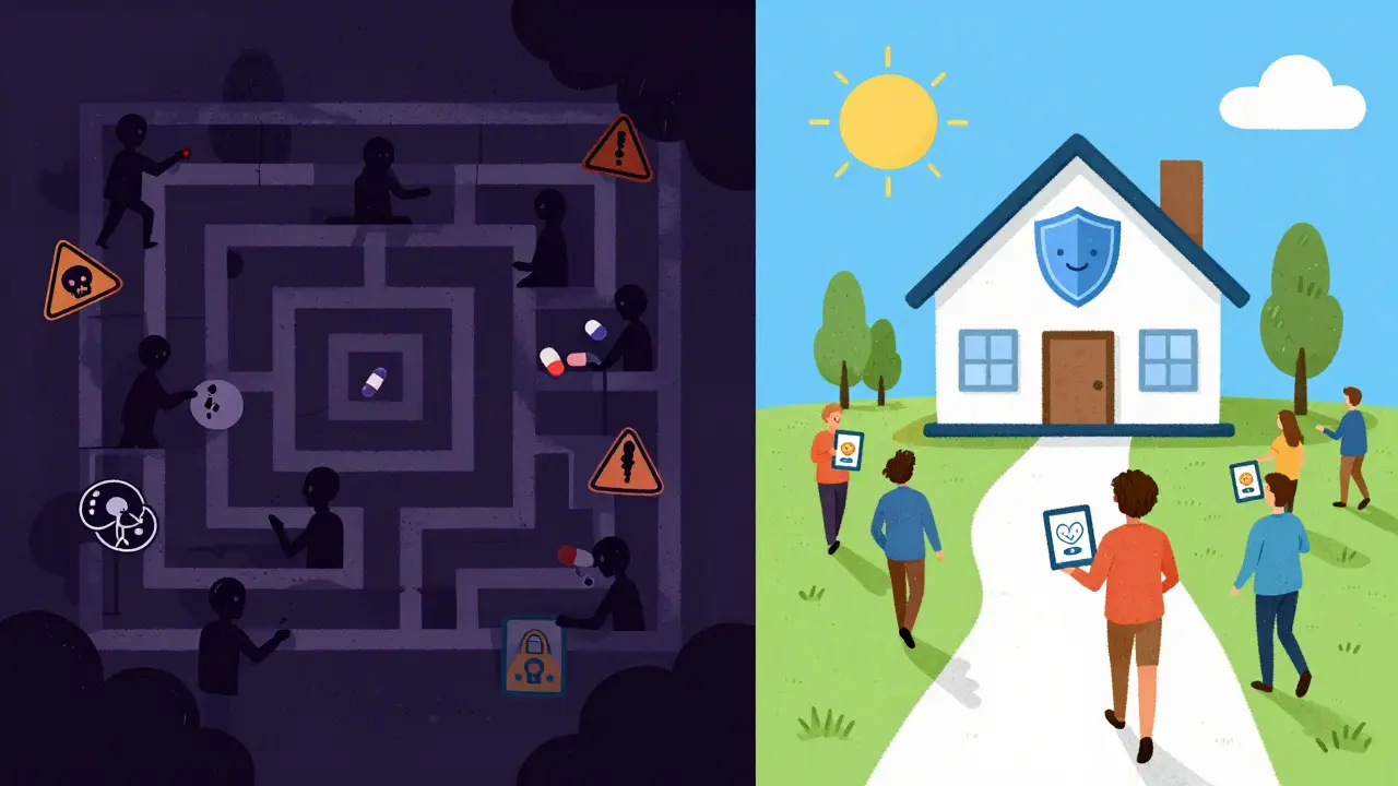 Split view: dangerous scam pharmacy maze vs safe telemedicine path