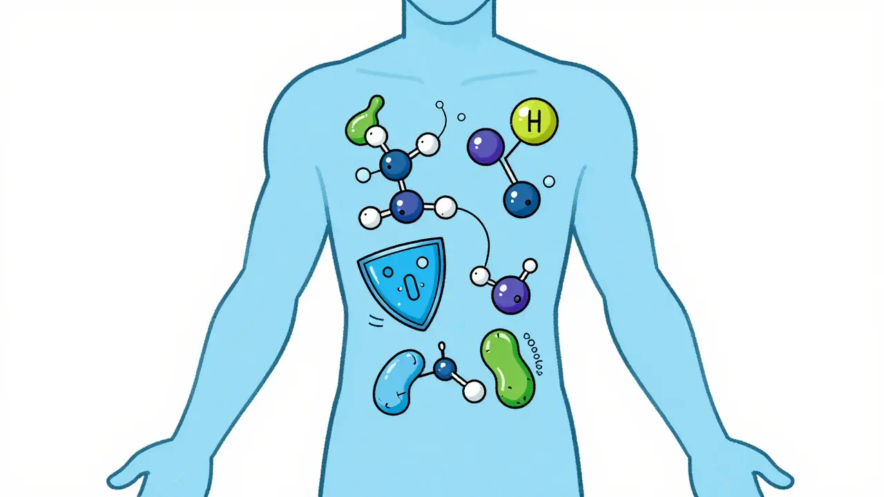 Stylized body silhouette showing cartoon molecules interacting inside