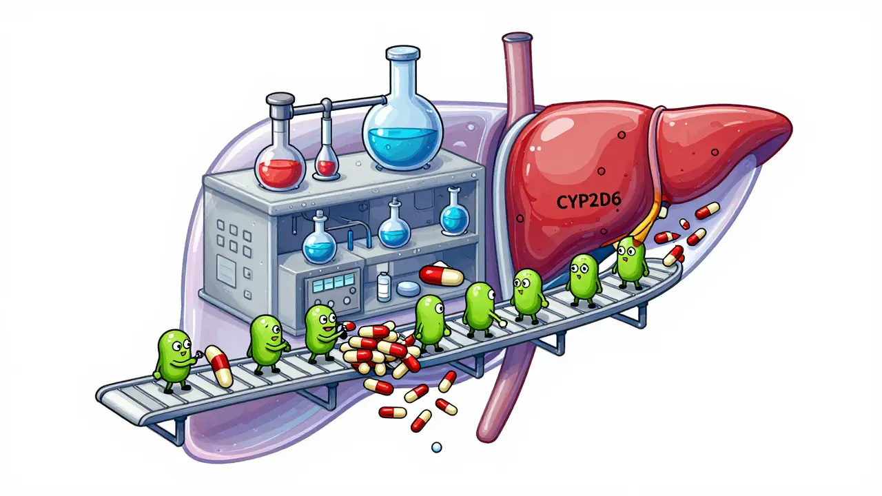 Cartoon liver with enzyme workers processing pills at different speeds.