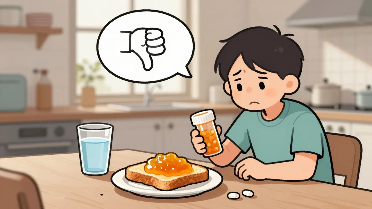 Cartoon of a person looking worried at marmalade and pills on a breakfast table