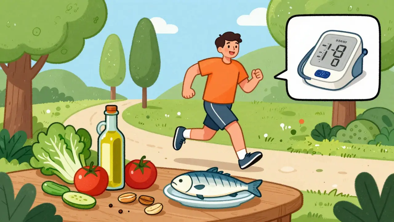 Cartoon scene of healthy food and exercise for stroke prevention