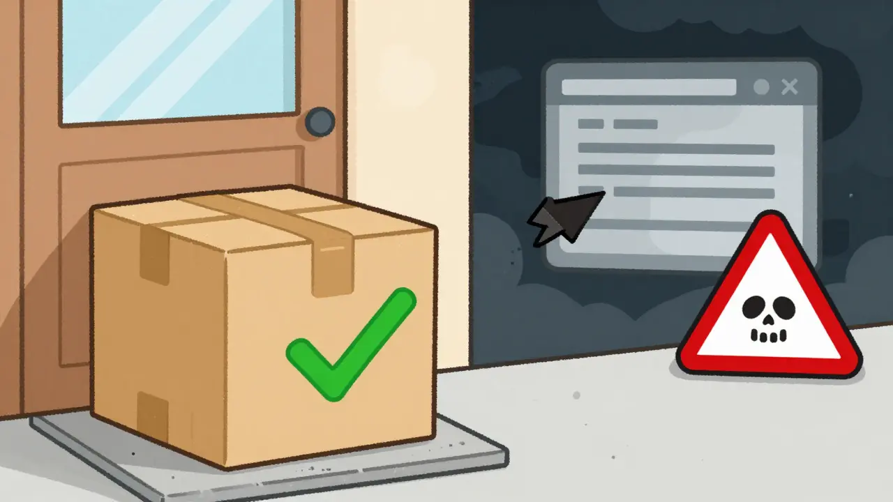 Cartoon showing a safe package versus a risky counterfeit source