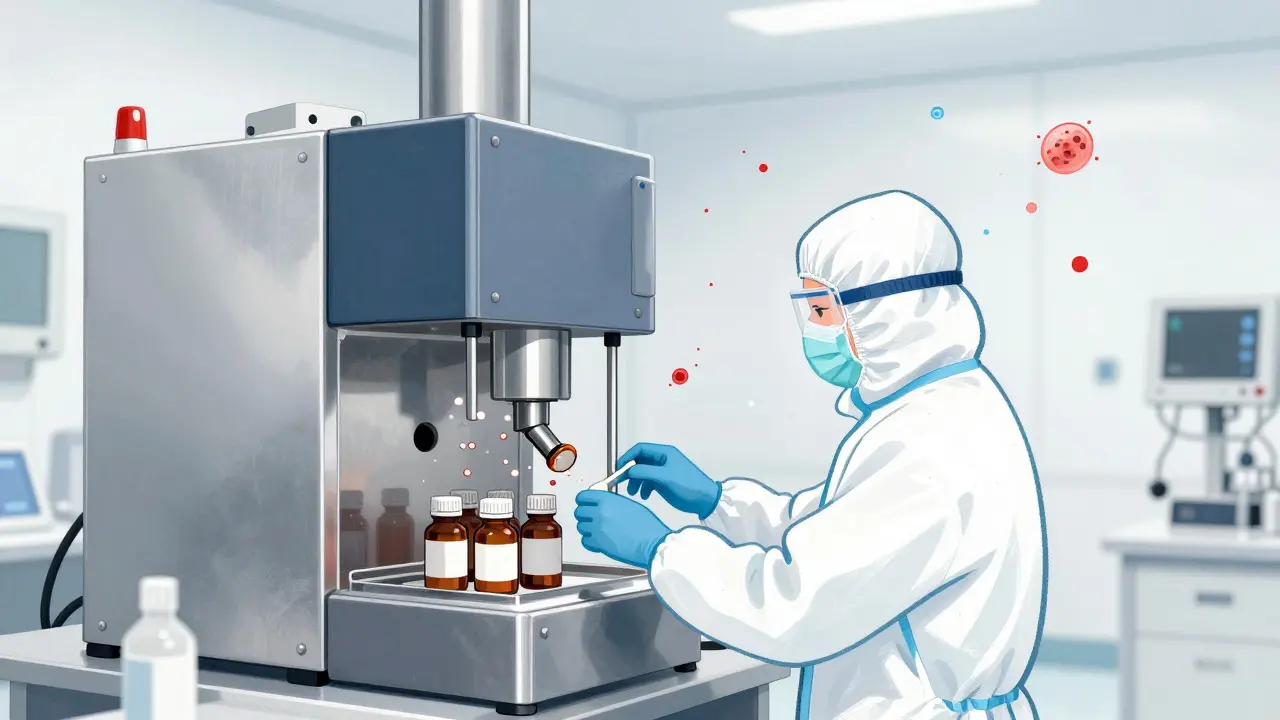 Cartoon-style depiction of a pharmaceutical worker in a cleanroom surrounded by airborne particles