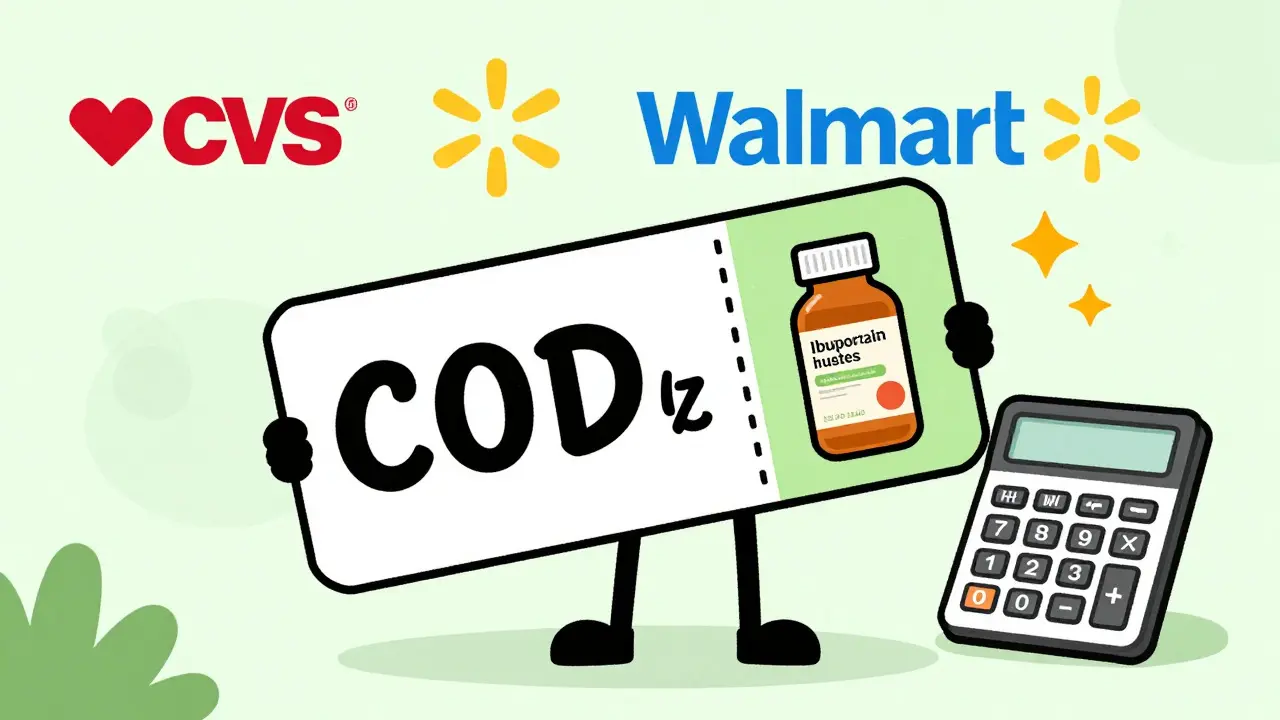 Character holding coupon for discounted ibuprofen bottle