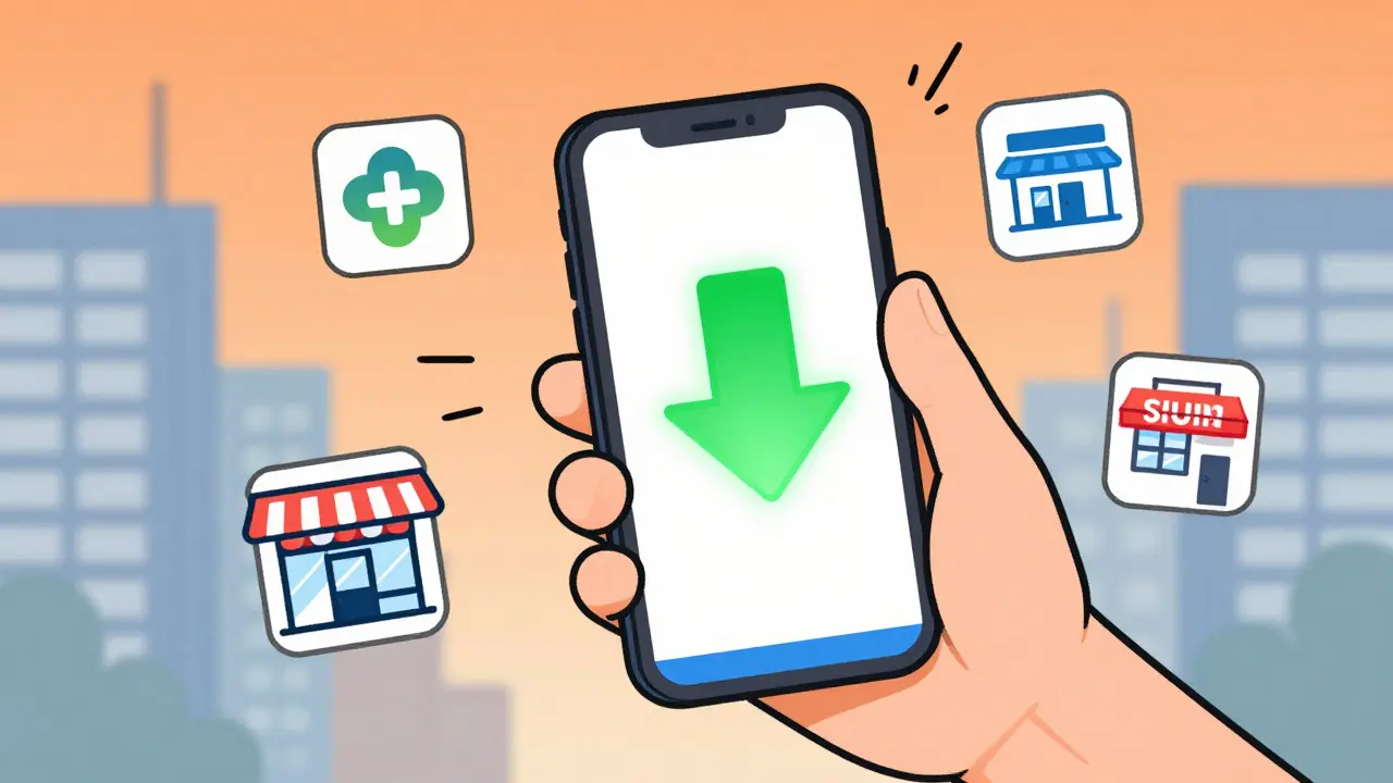 Digital art of a phone showing a price drop app with pharmacy icons nearby