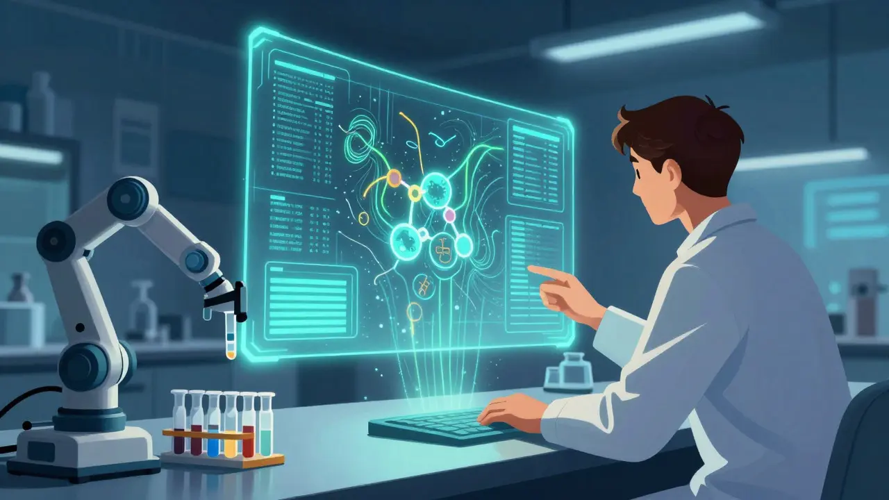 Digital illustration of a scientist using advanced holographic technology to monitor drug safety