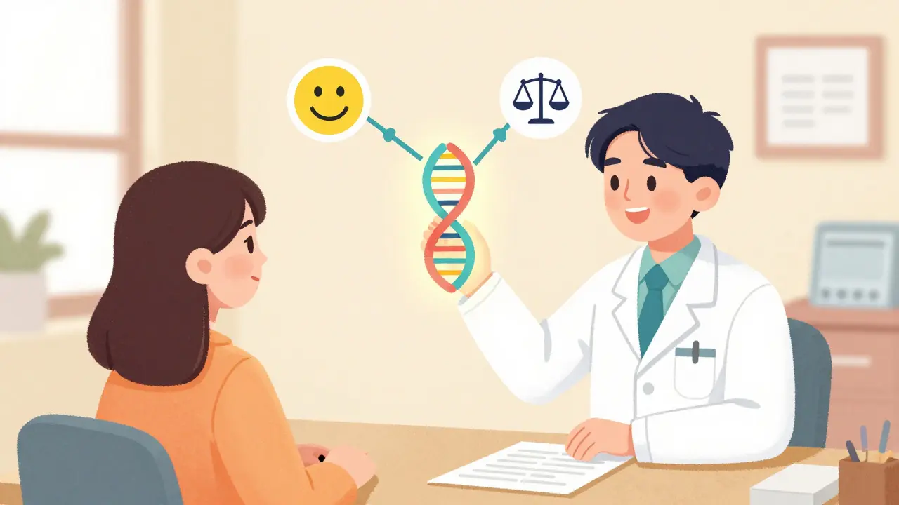 Doctor and patient reviewing a glowing DNA strand for personalized treatment.