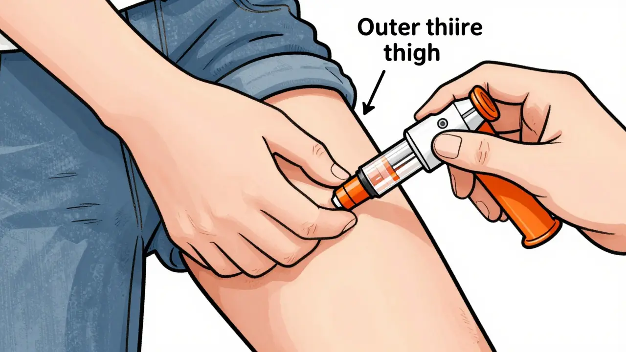 Hand administering an epinephrine auto-injector correctly into the outer thigh through clothing