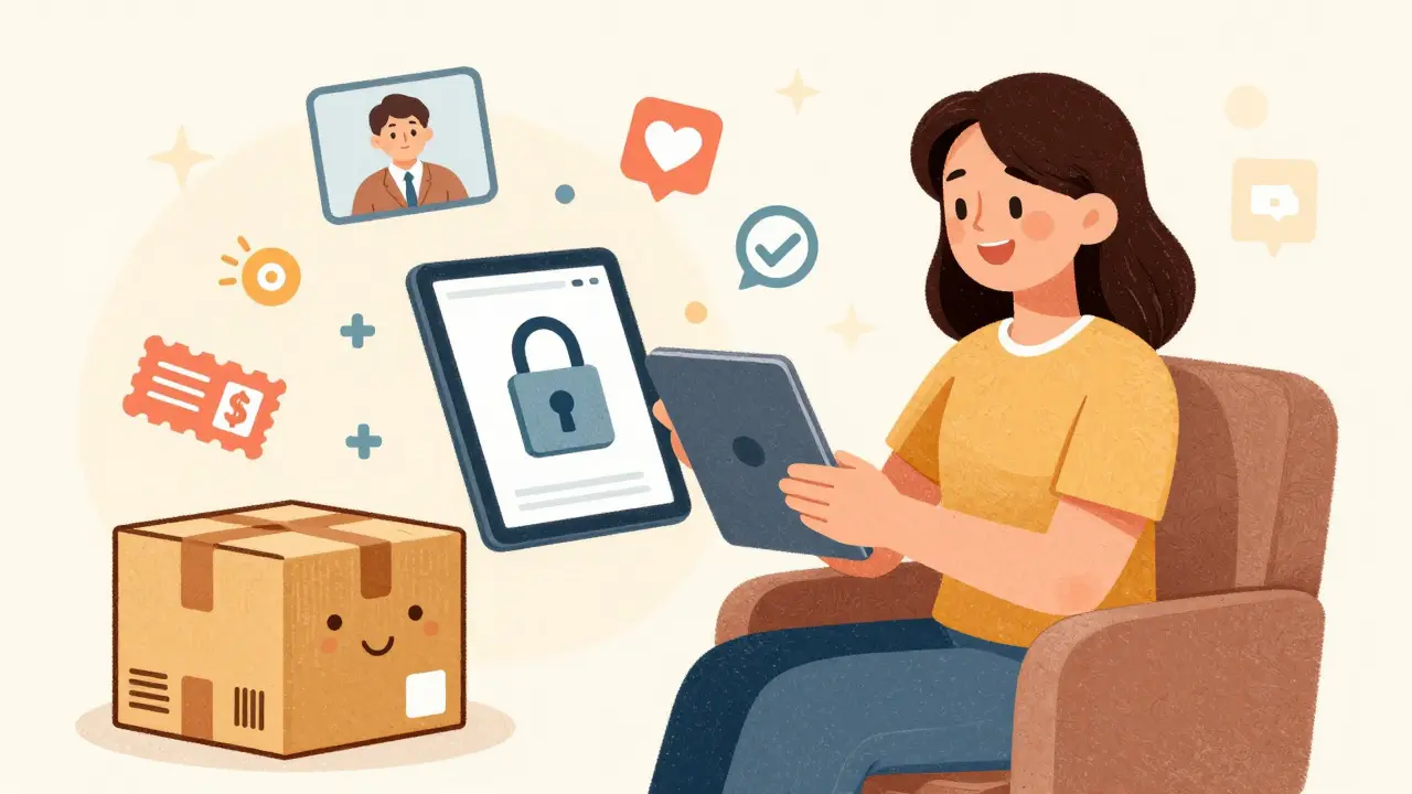 Happy person safely ordering medication online with verified pharmacy seals