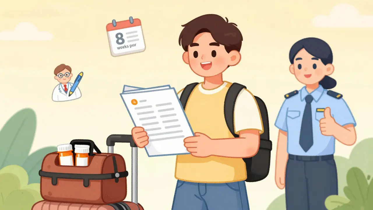 Happy traveler showing documents and prescriptions to customs officer for smooth entry