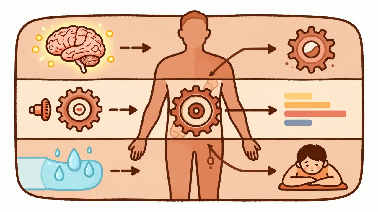 Illustrated body showing five mechanisms of medication-induced weight change