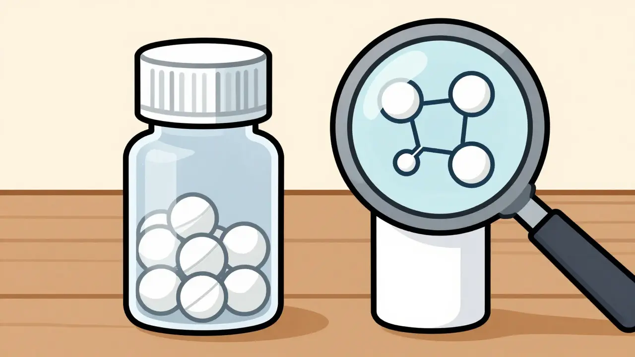 Illustration comparing brand and generic pill bottles showing identical contents