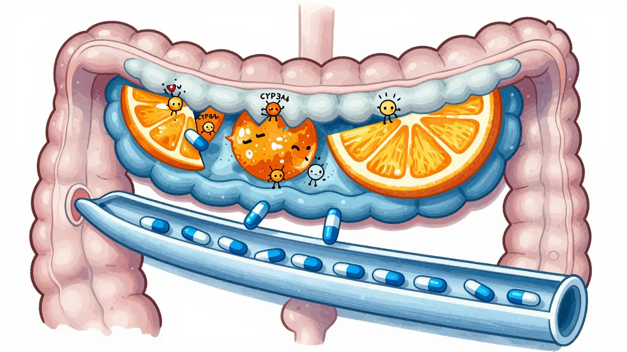 Illustration of enzymes blocked by fruit molecules affecting medication absorption
