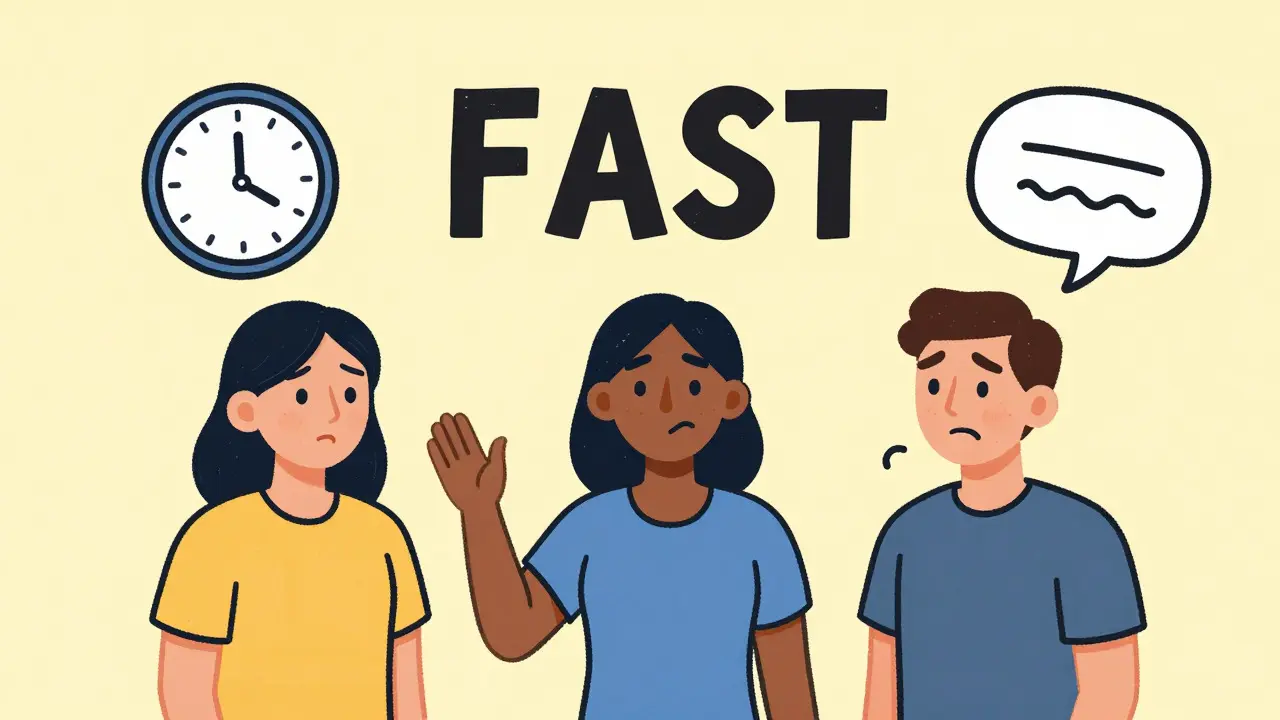 Illustration showing FAST stroke symptoms: face droop, arm weakness, speech issues
