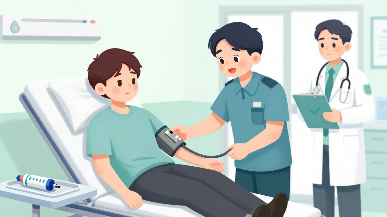 Patient receiving post-injection medical monitoring from paramedics in a hospital setting