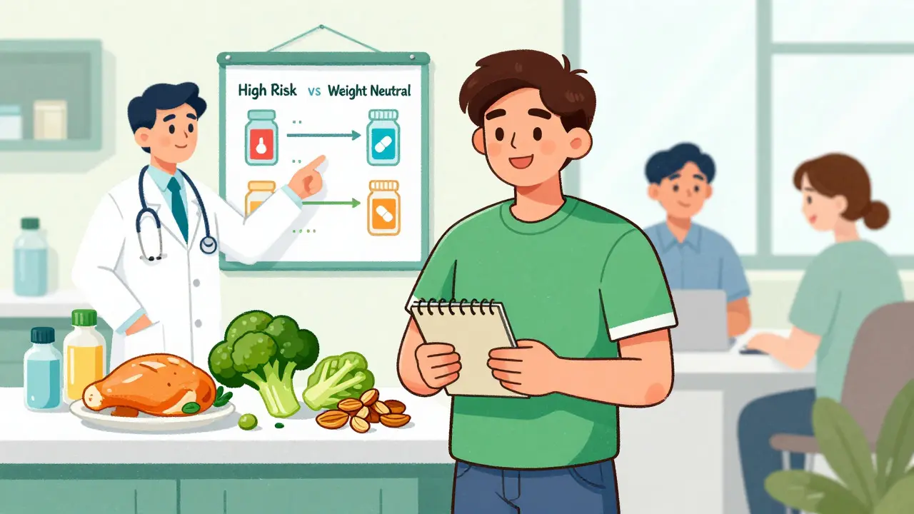 Person eating healthy food and consulting doctor about medication options