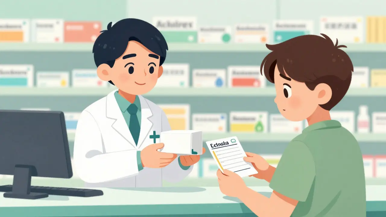 Pharmacist handing a plain medicine box to a confused patient at a pharmacy counter