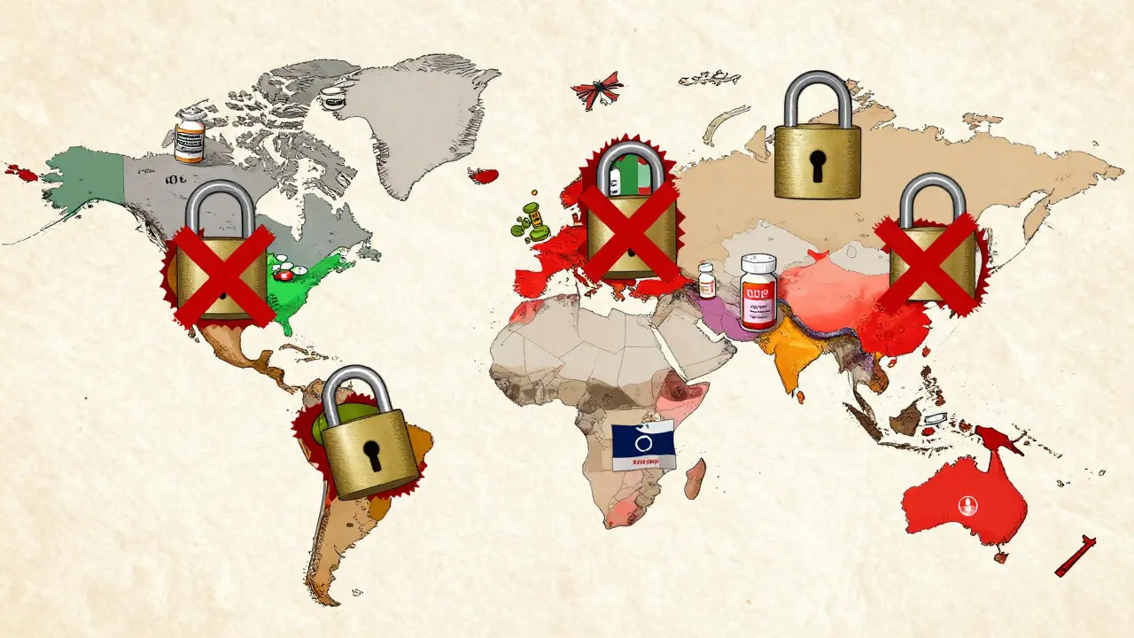 World map highlighting countries with strict medication bans using locks and caution icons