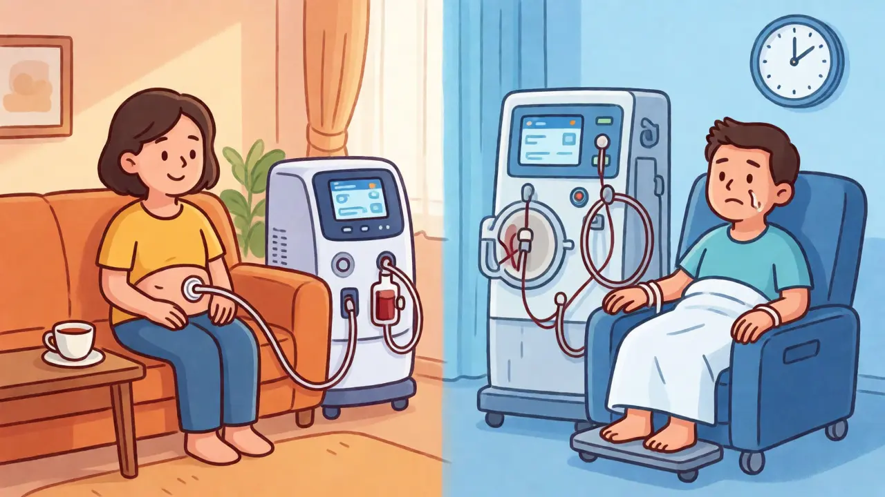Comparison of home peritoneal dialysis versus hospital hemodialysis settings.