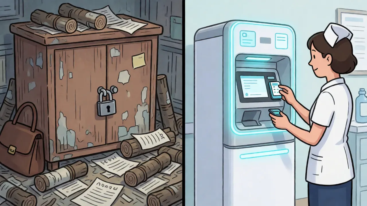 Comparison of messy manual storage versus secure automated dispensing cabinets in cartoon art.