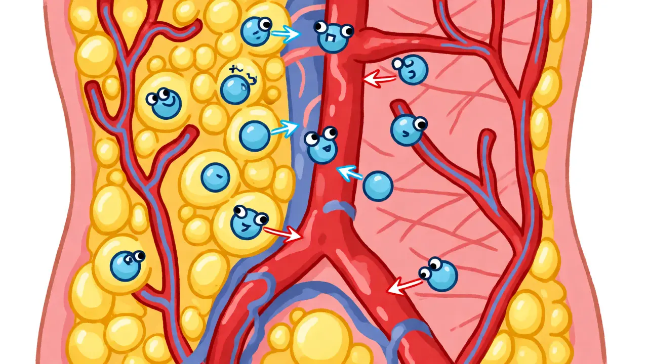 Diagram showing how lipophilic drugs get trapped in fat while hydrophilic drugs clear too quickly.