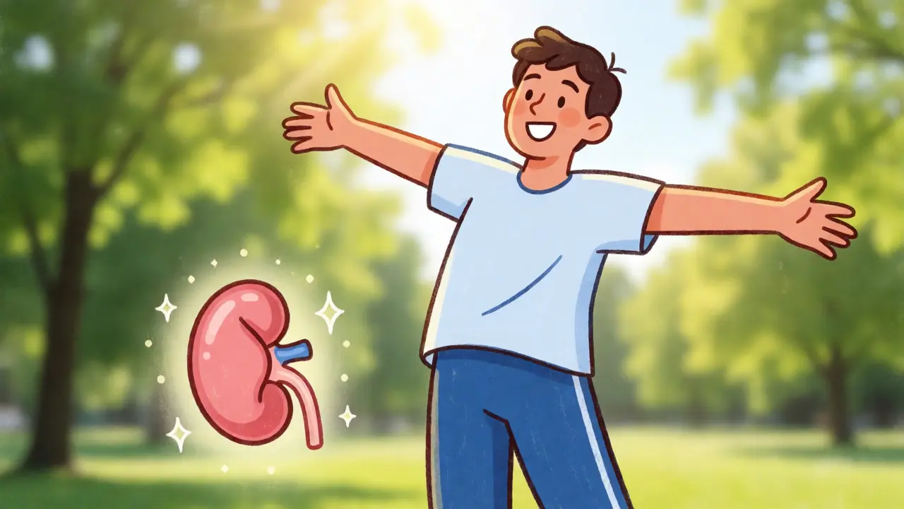 Happy person enjoying outdoor freedom after a successful kidney transplant.