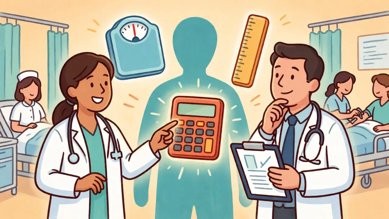 Medical professionals discussing weight-based dosing metrics like TBW, IBW, and AdjBW for obesity.