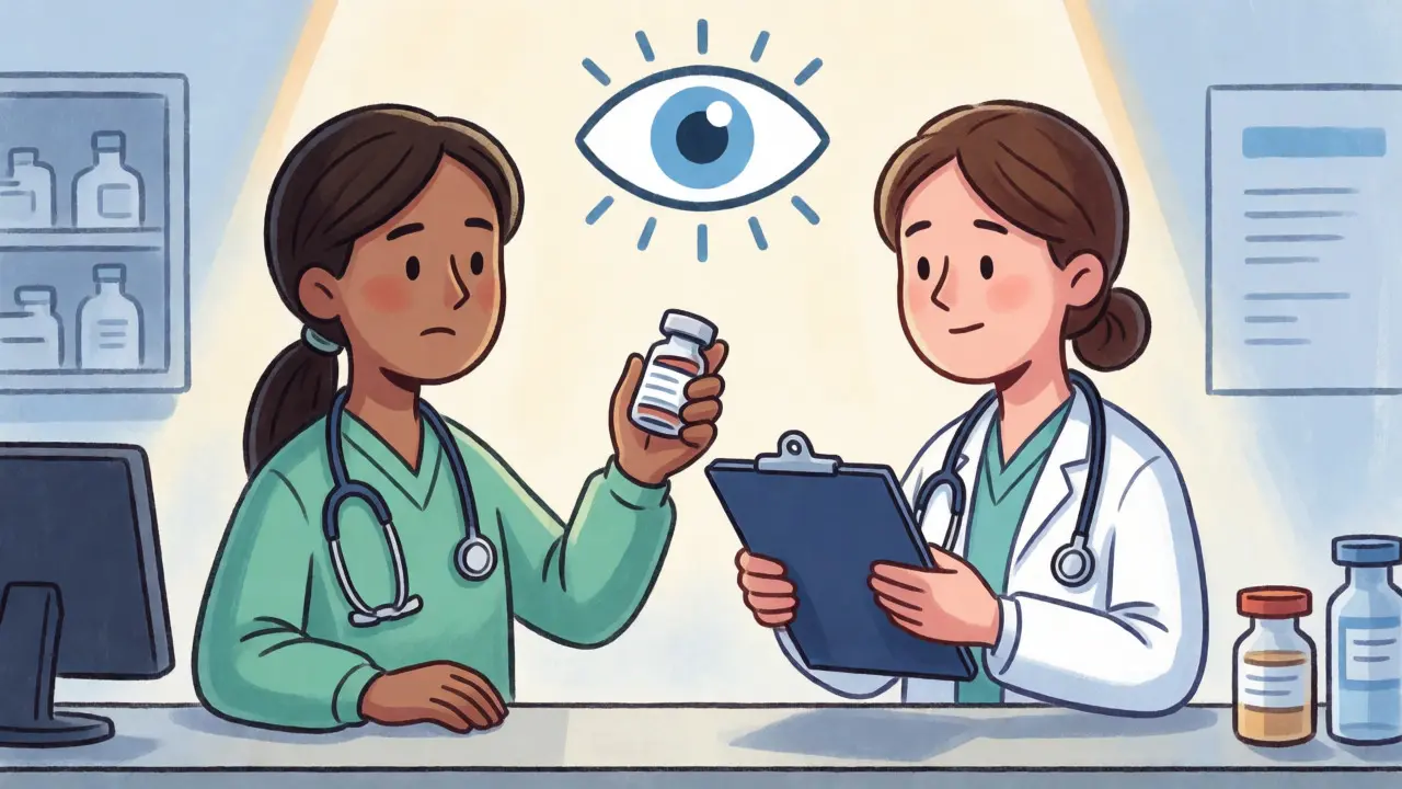 Two pharmacists performing a dual-control verification of medication in an illustrated clinic.